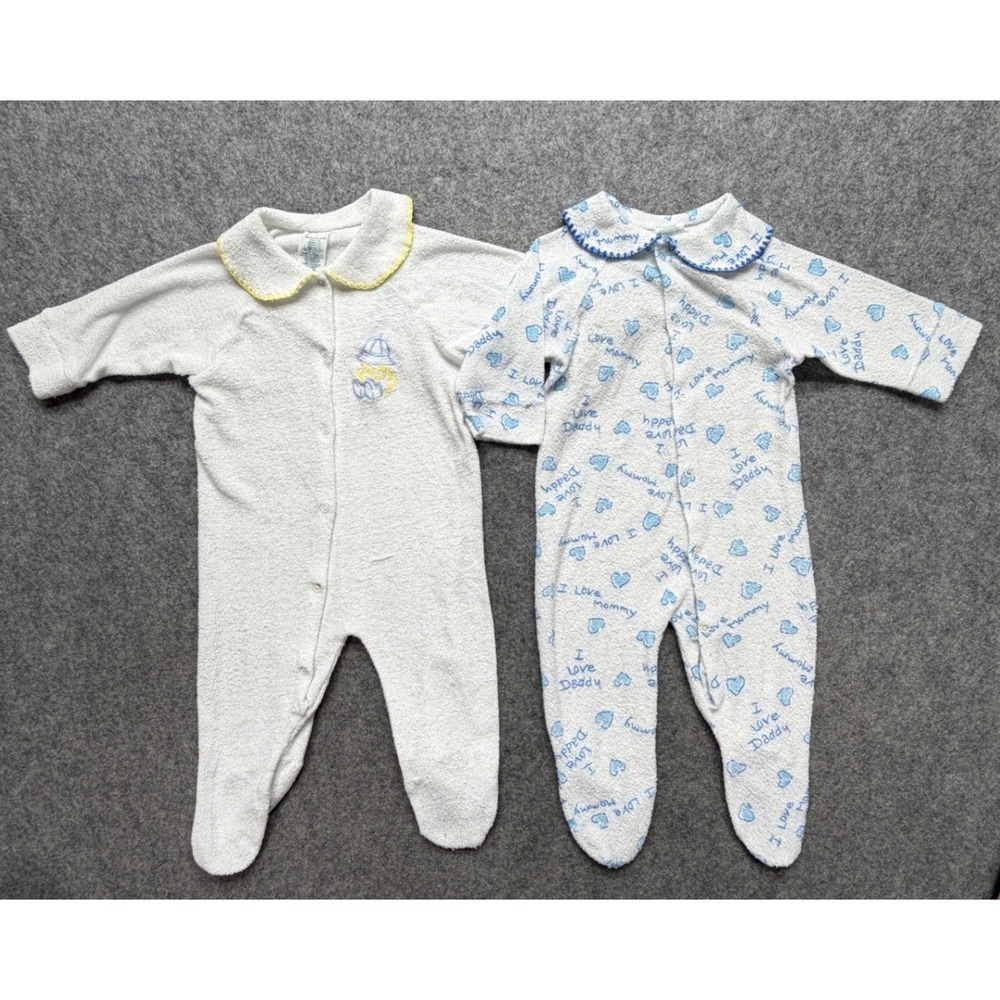 Vintage Gerber Baby Sleepers Set of 2 Terry Cloth Footed Blue White Medium 6-9M